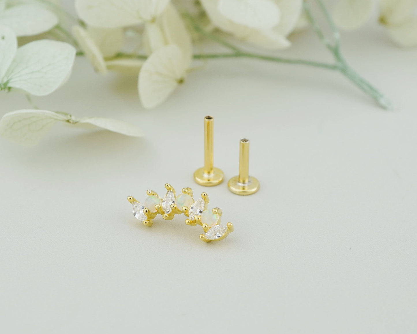 1 pc of Fire Opal & CZ Crown Stud Earring in 18k Gold Plated over Sterling Silver, 16G Lobe Tragus Cartilage Piercing Jewelry