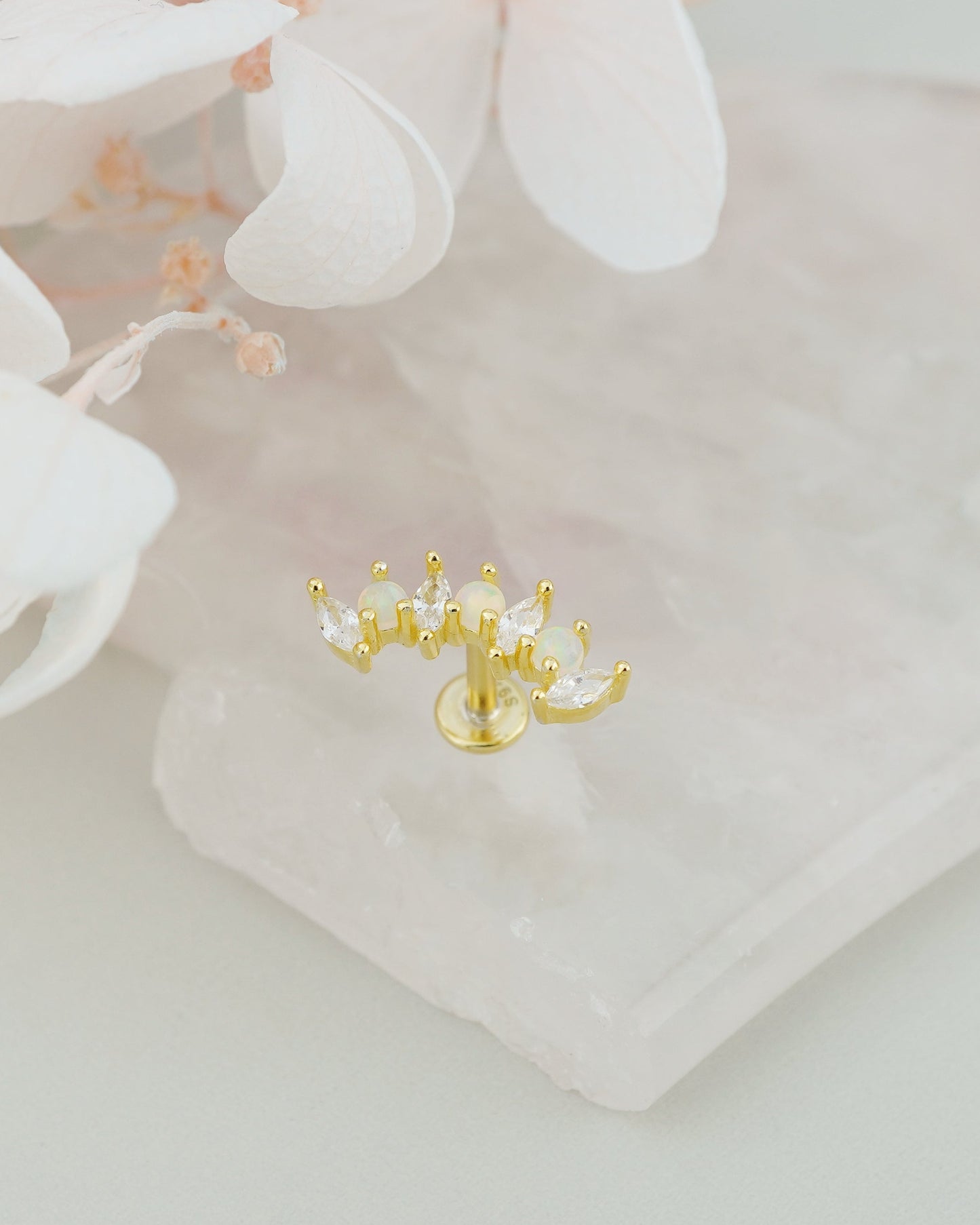 1 pc of Fire Opal & CZ Crown Stud Earring in 18k Gold Plated over Sterling Silver, 16G Lobe Tragus Cartilage Piercing Jewelry