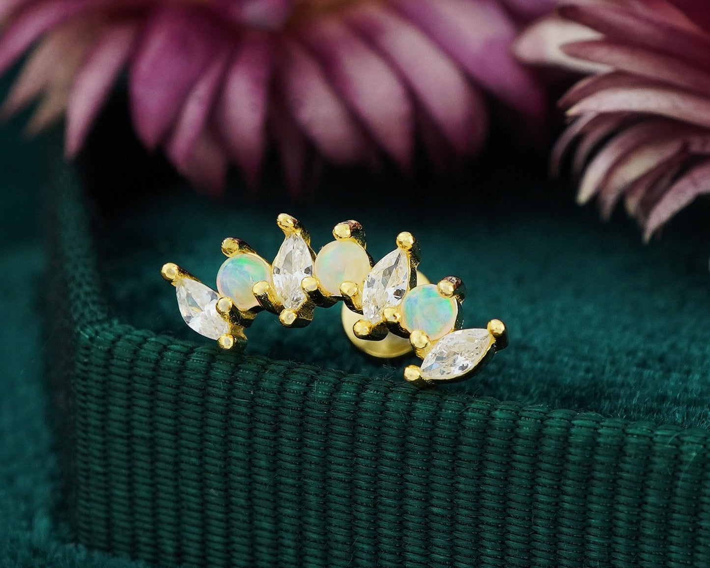 1 pc of Fire Opal & CZ Crown Stud Earring in 18k Gold Plated over Sterling Silver, 16G Lobe Tragus Cartilage Piercing Jewelry