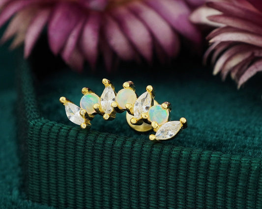 1 pc of Fire Opal & CZ Crown Stud Earring in 18k Gold Plated over Sterling Silver, 16G Lobe Tragus Cartilage Piercing Jewelry