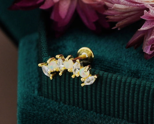 1 pc of Fire Opal & CZ Crown Stud Earring in 18k Gold Plated over Sterling Silver, 16G Lobe Tragus Cartilage Piercing Jewelry