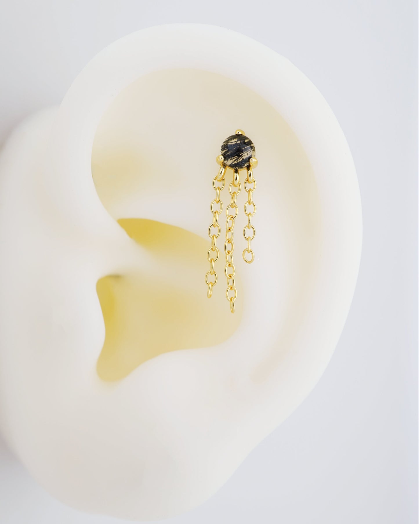 1 pc of Natural Black Rutile Quartz Cabochon with Dangly Chains, Flat Back Stud Earring in Gold Plated over Sterling Silver