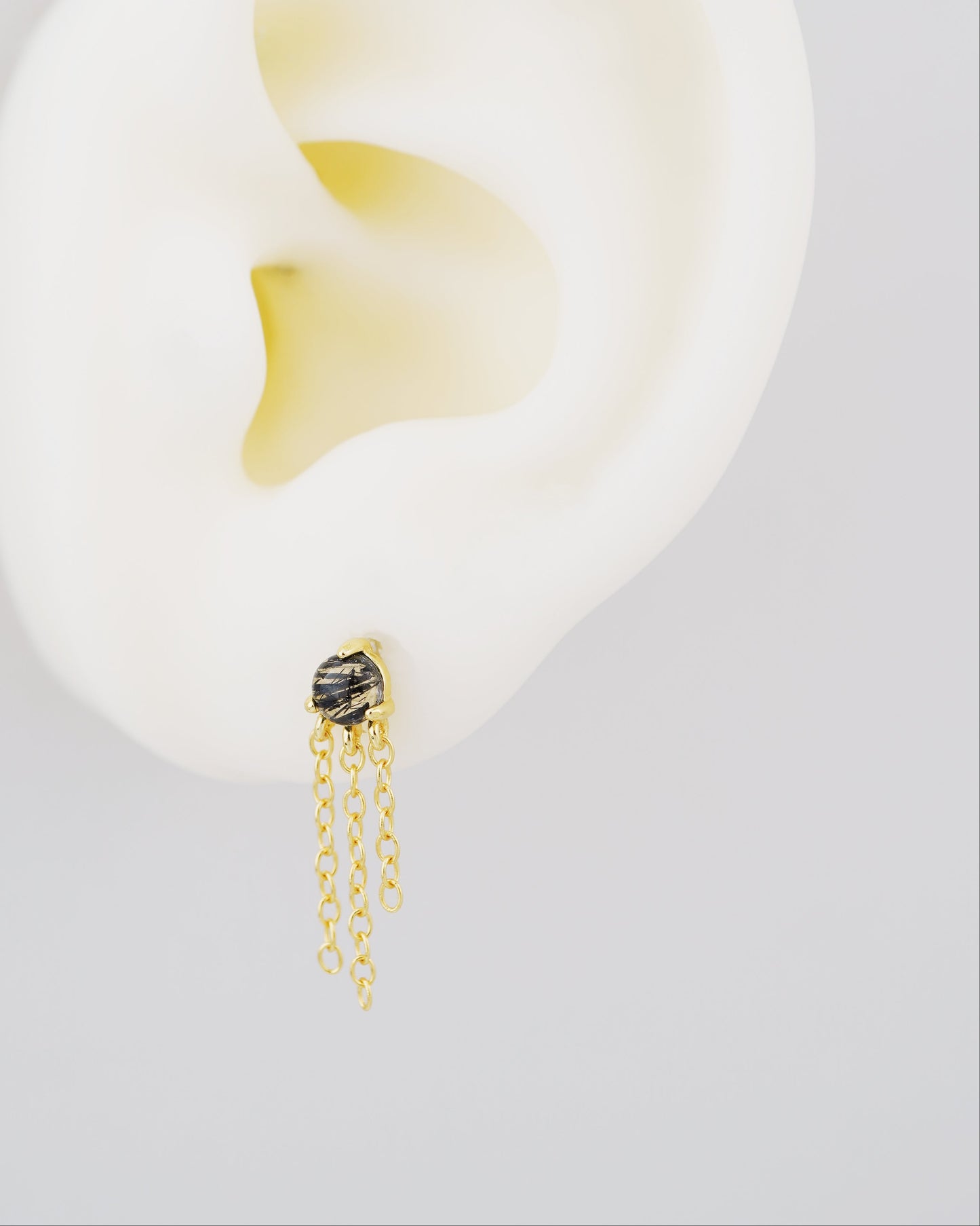 1 pc of Natural Black Rutile Quartz Cabochon with Dangly Chains, Flat Back Stud Earring in Gold Plated over Sterling Silver