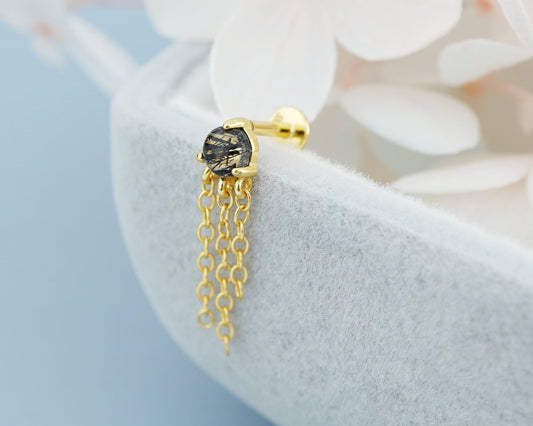 1 pc of Natural Black Rutile Quartz Cabochon with Dangly Chains, Flat Back Stud Earring in Gold Plated over Sterling Silver