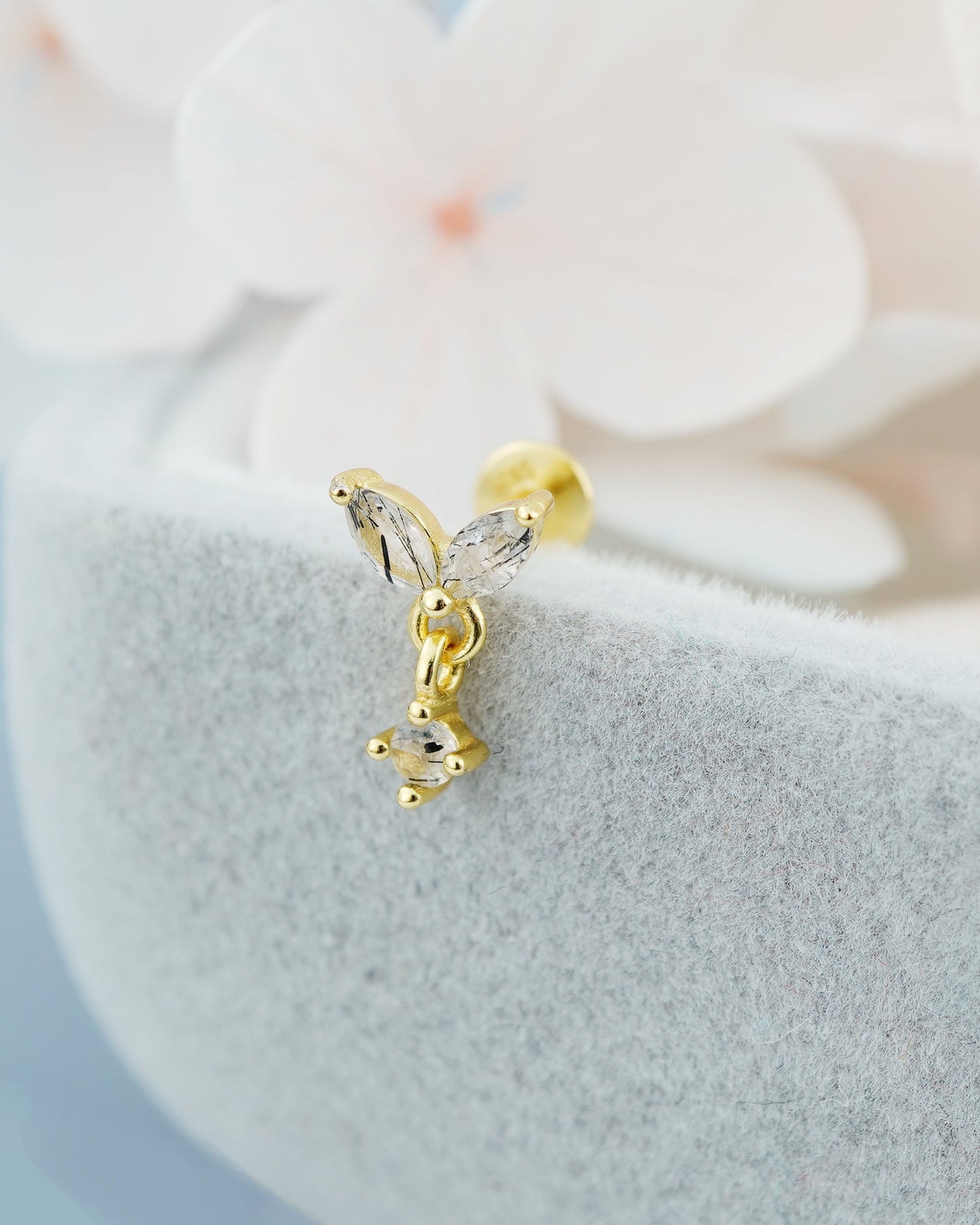 1 pc of Natural Black Rutile Quartz Sterling Silver Stud Earring in 18ct Gold Plated, Double Marquise Design