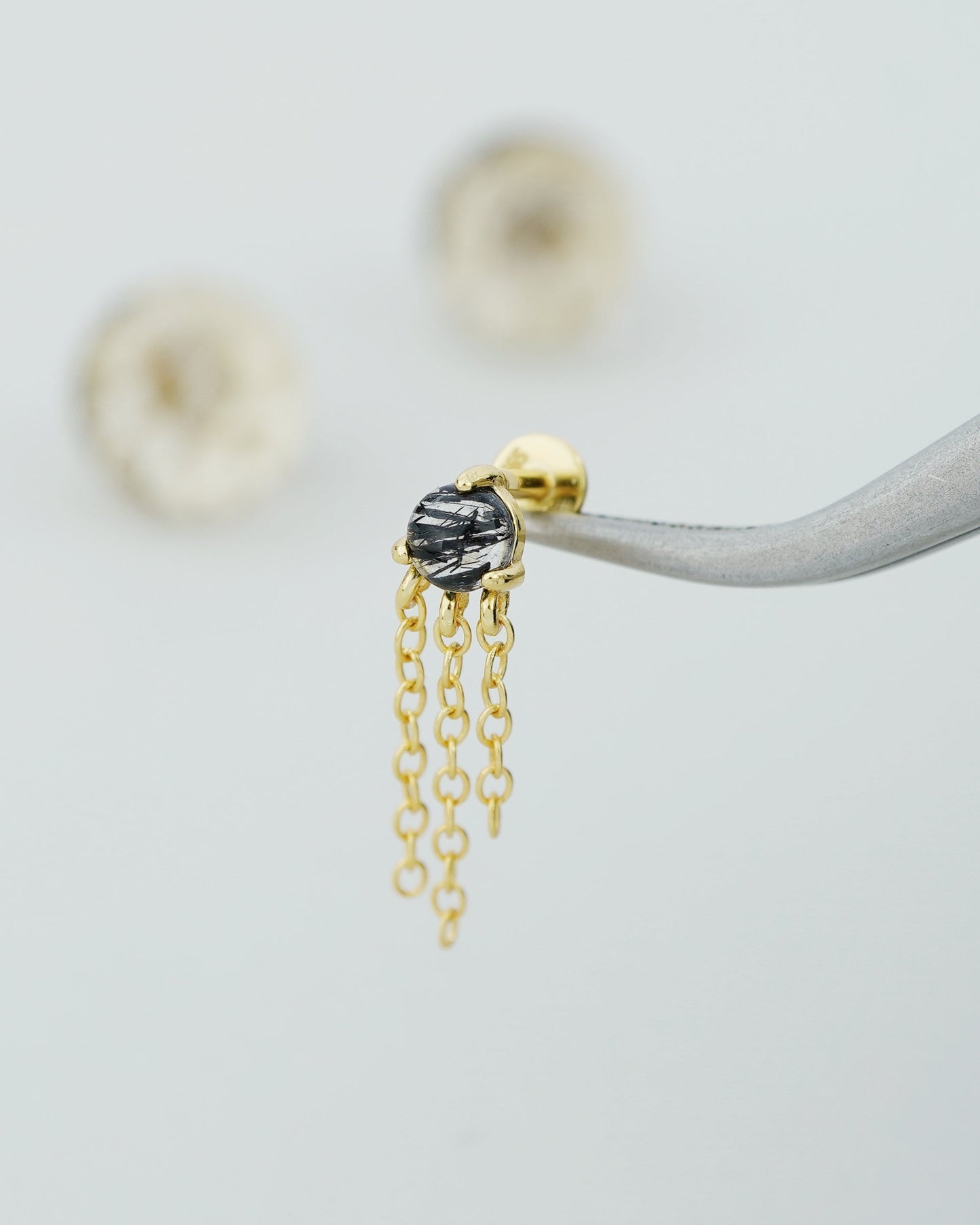 1 pc of Natural Black Rutile Quartz Cabochon with Dangly Chains, Flat Back Stud Earring in Gold Plated over Sterling Silver