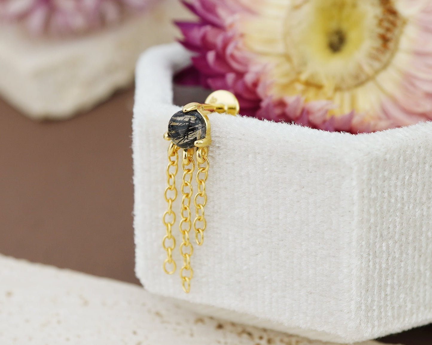 1 pc of Natural Black Rutile Quartz Cabochon with Dangly Chains, Flat Back Stud Earring in Gold Plated over Sterling Silver