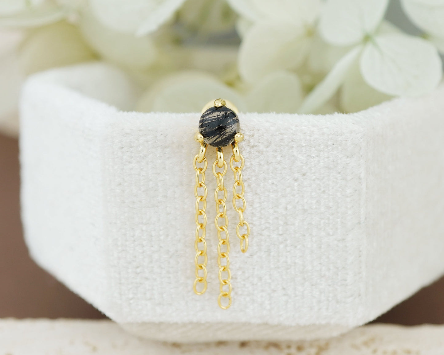 1 pc of Natural Black Rutile Quartz Cabochon with Dangly Chains, Flat Back Stud Earring in Gold Plated over Sterling Silver