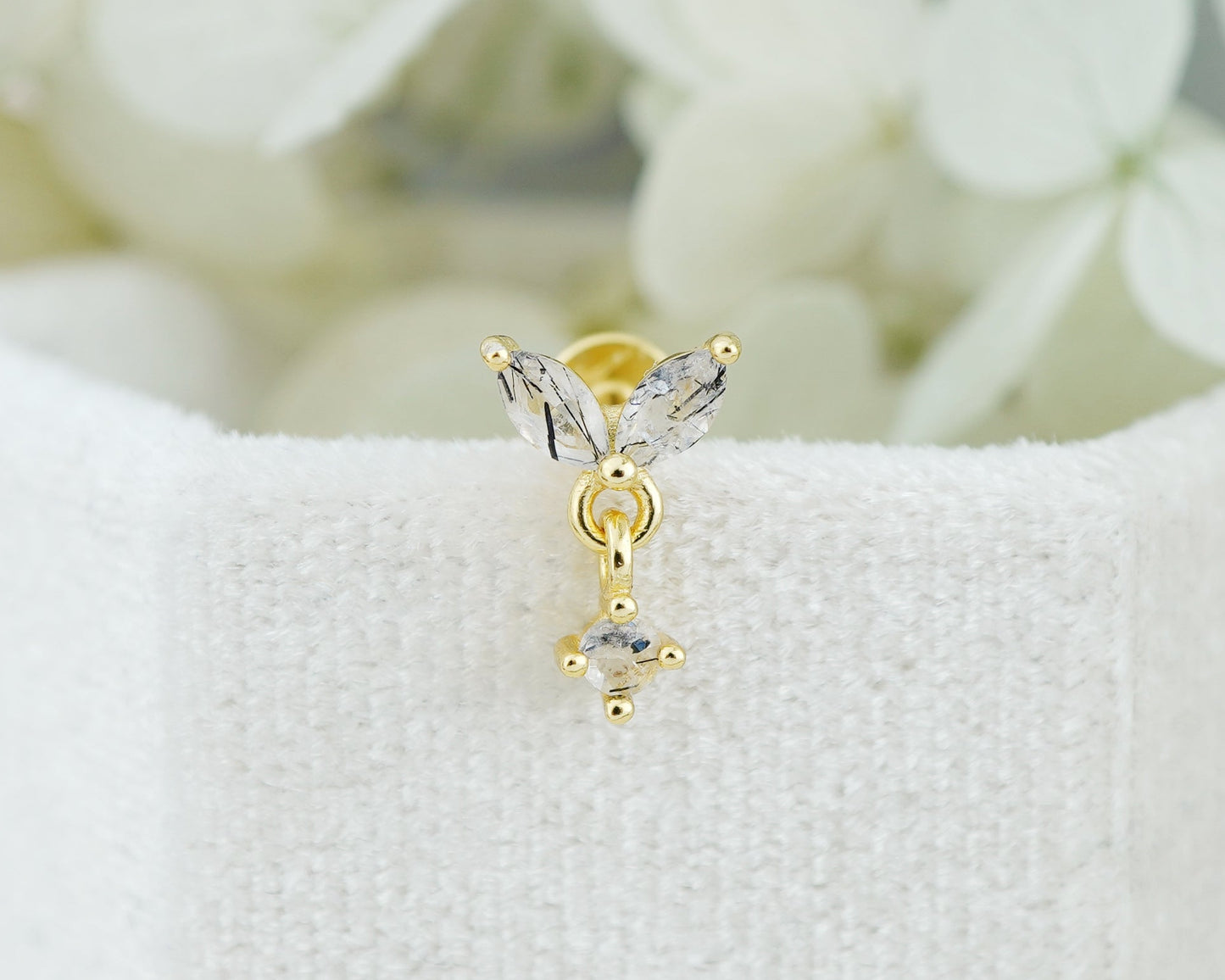 1 pc of Natural Black Rutile Quartz Sterling Silver Stud Earring in 18ct Gold Plated, Double Marquise Design