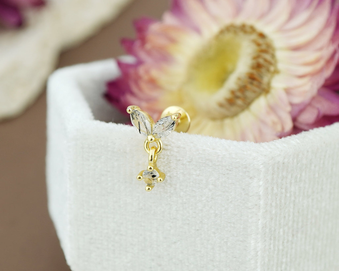 1 pc of Natural Black Rutile Quartz Sterling Silver Stud Earring in 18ct Gold Plated, Double Marquise Design