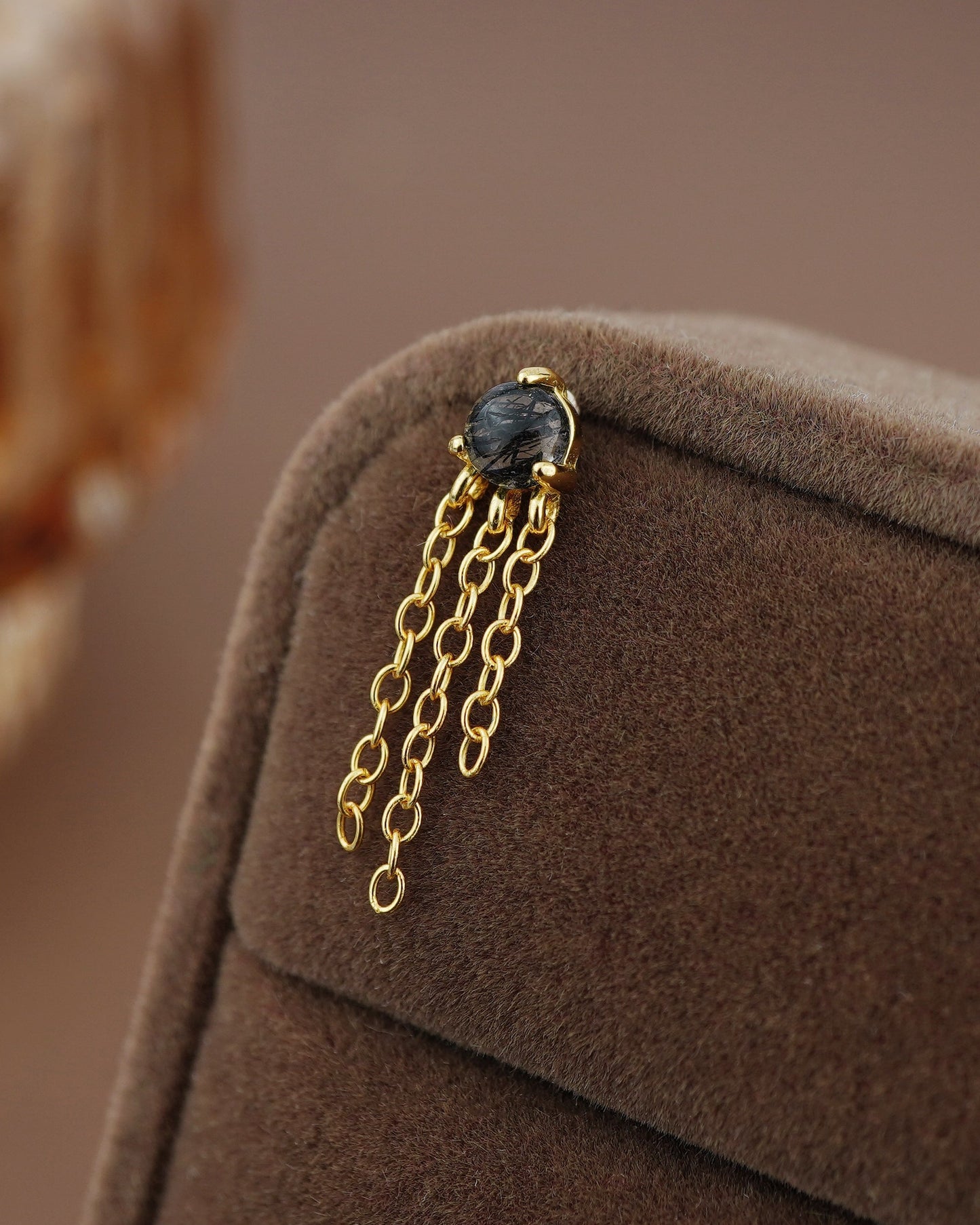 1 pc of Natural Black Rutile Quartz Cabochon with Dangly Chains, Flat Back Stud Earring in Gold Plated over Sterling Silver