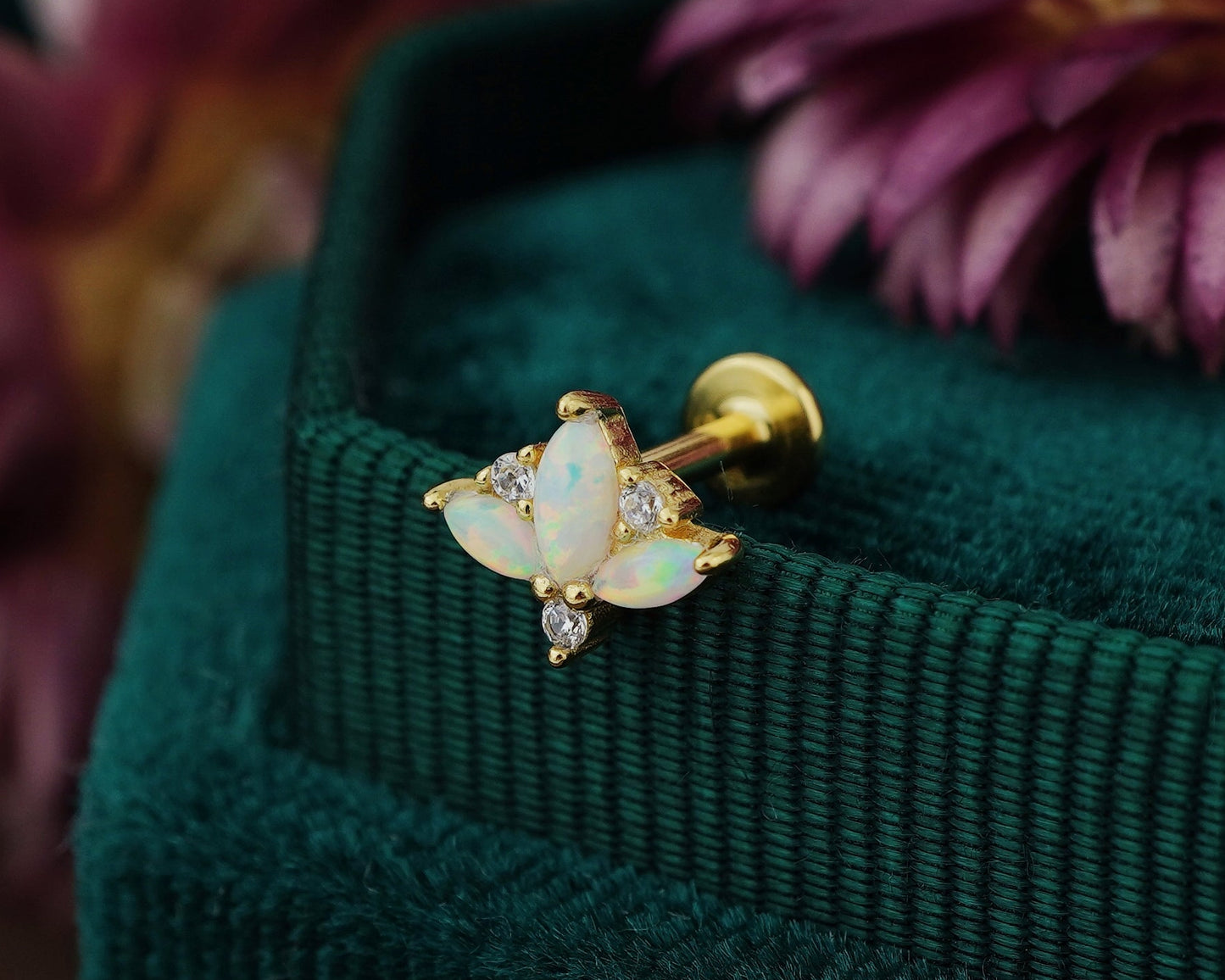 1 pc of Marquise Fire Opal & CZ Sterling Silver Stud Earring in 18ct Gold Plated, 16G 6mm or 8mm Post