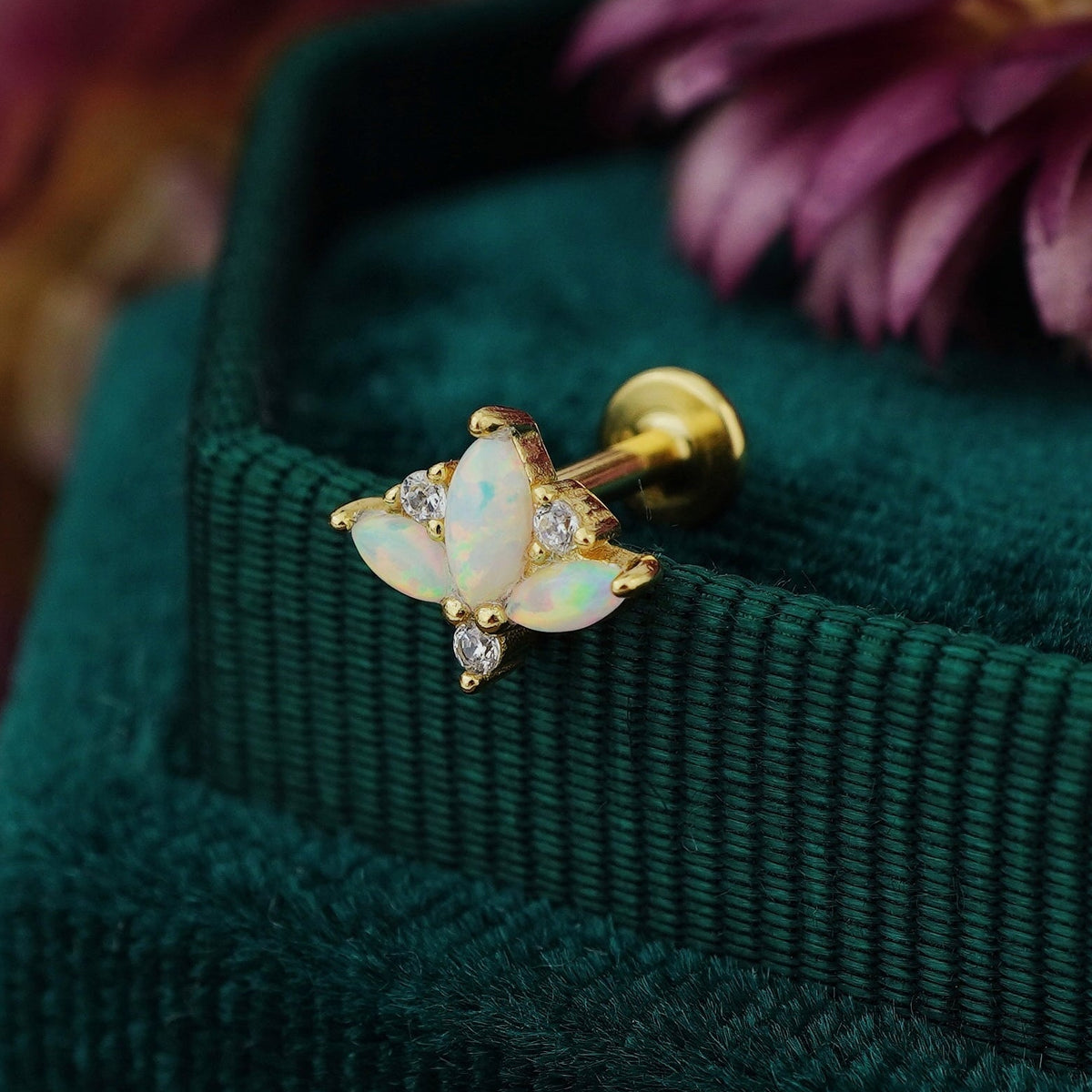 1 pc of Opal & CZ Stud Earring in 18ct Gold Plated over Sterling Silver, Tragus Cartilage Piercing Jewelry