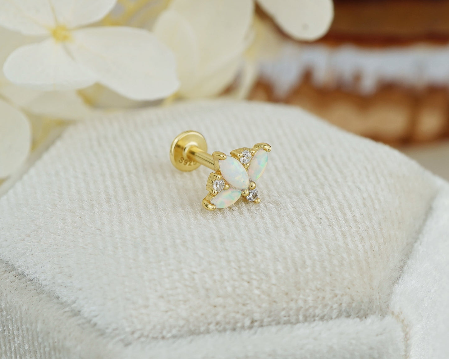 1 pc of Marquise Fire Opal & CZ Sterling Silver Stud Earring in 18ct Gold Plated, 16G 6mm or 8mm Post