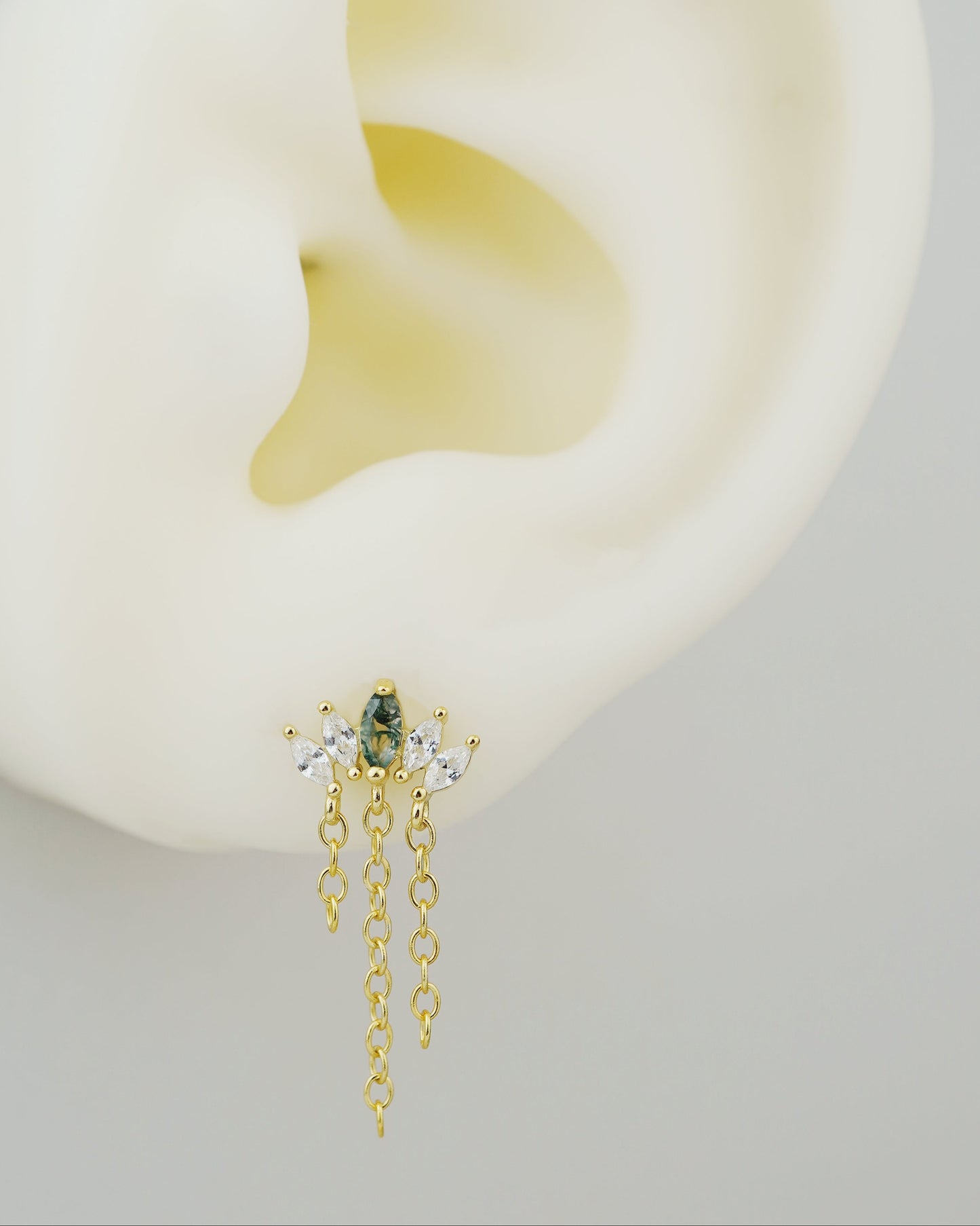 1 pc of Marquise Natural Green Moss Agate & CZ Crown with Dangly Chains, Flat Back Stud Earring in Gold Plated over Sterling Silver