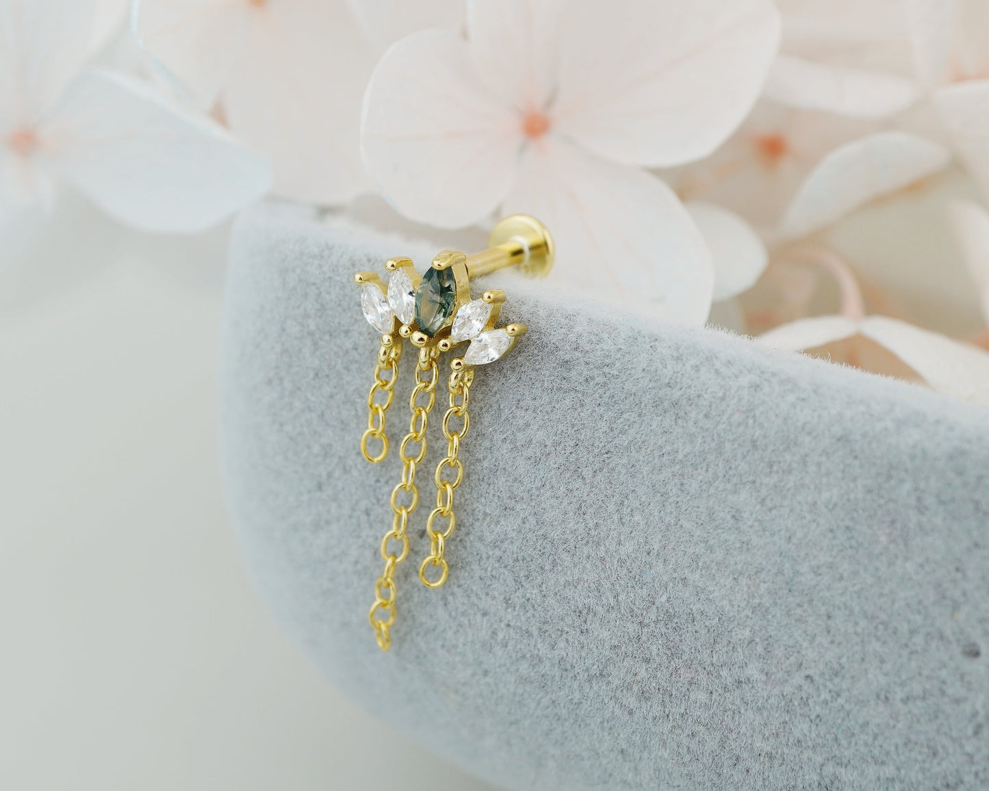 1 pc of Marquise Natural Green Moss Agate & CZ Crown with Dangly Chains, Flat Back Stud Earring in Gold Plated over Sterling Silver