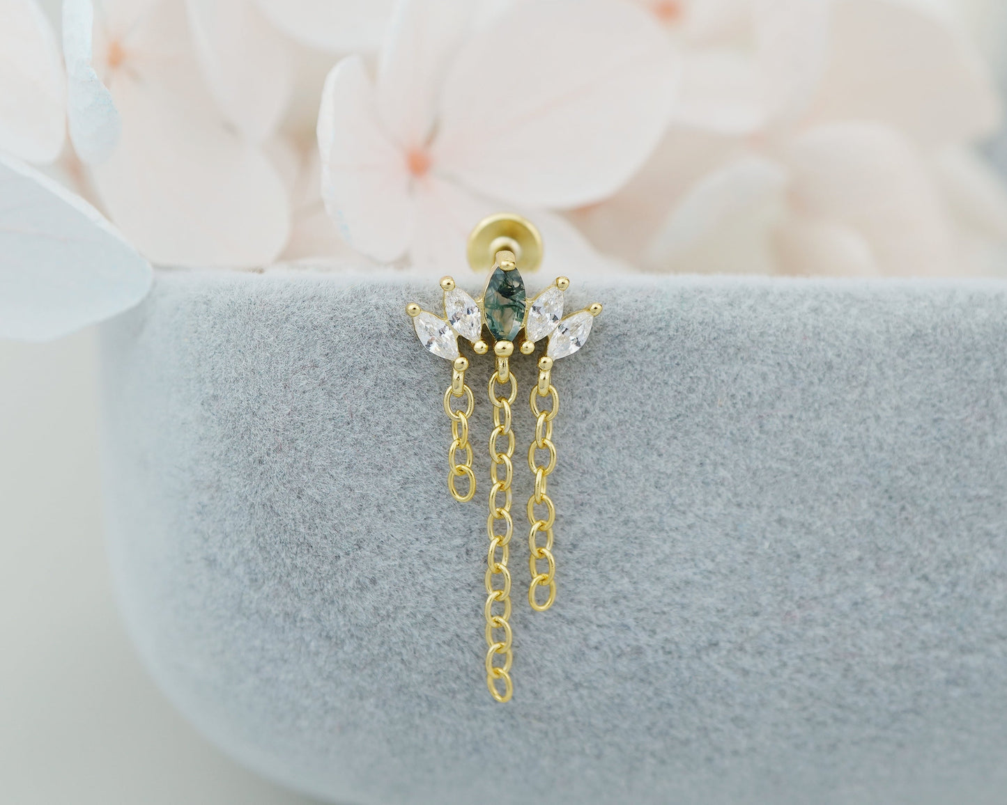1 pc of Marquise Natural Green Moss Agate & CZ Crown with Dangly Chains, Flat Back Stud Earring in Gold Plated over Sterling Silver