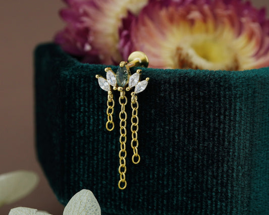 1 pc of Marquise Natural Green Moss Agate & CZ Crown with Dangly Chains, Flat Back Stud Earring in Gold Plated over Sterling Silver