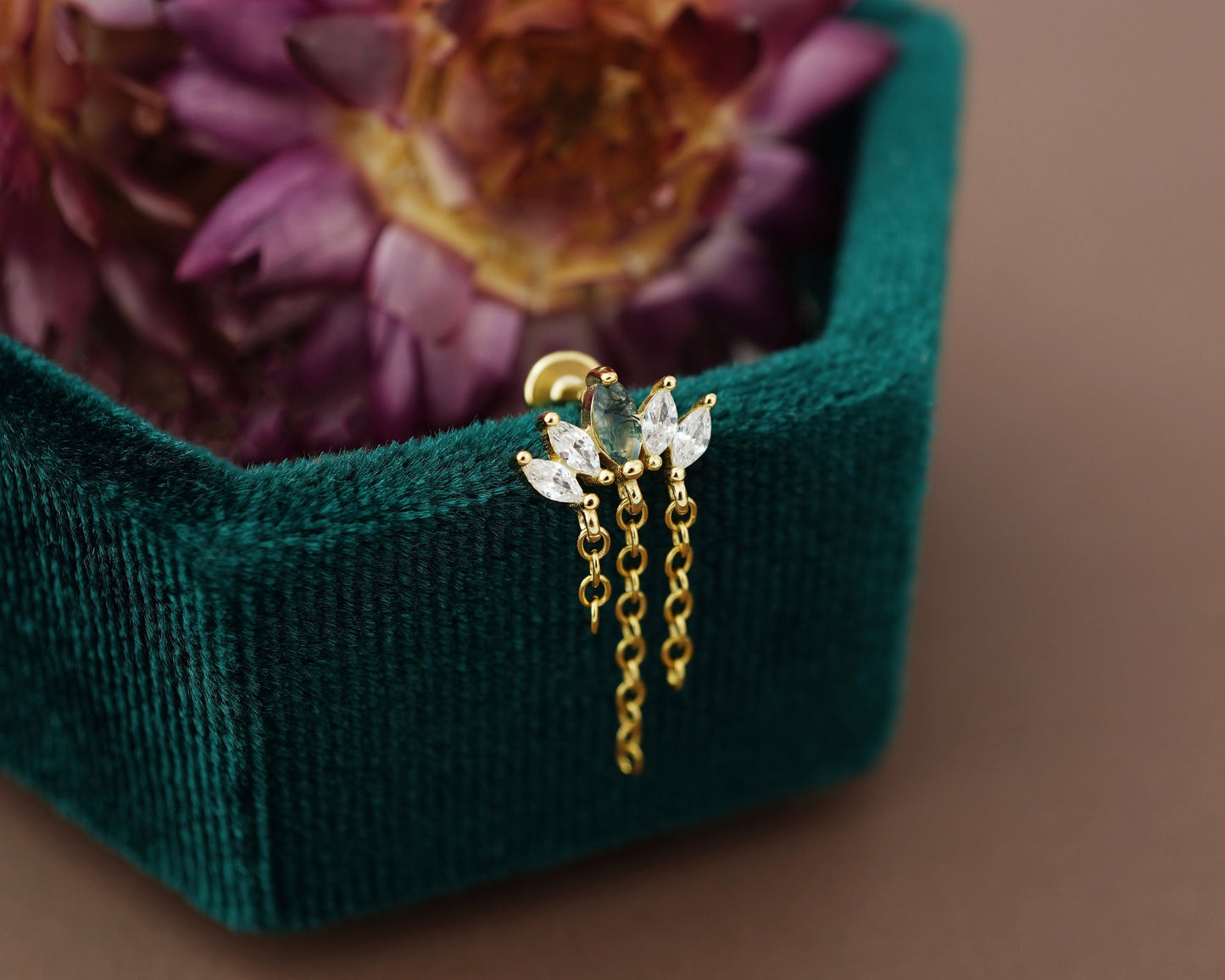 1 pc of Marquise Natural Green Moss Agate & CZ Crown with Dangly Chains, Flat Back Stud Earring in Gold Plated over Sterling Silver