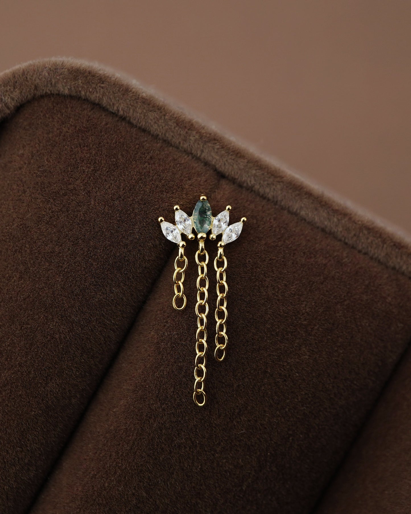 1 pc of Marquise Natural Green Moss Agate & CZ Crown with Dangly Chains, Flat Back Stud Earring in Gold Plated over Sterling Silver