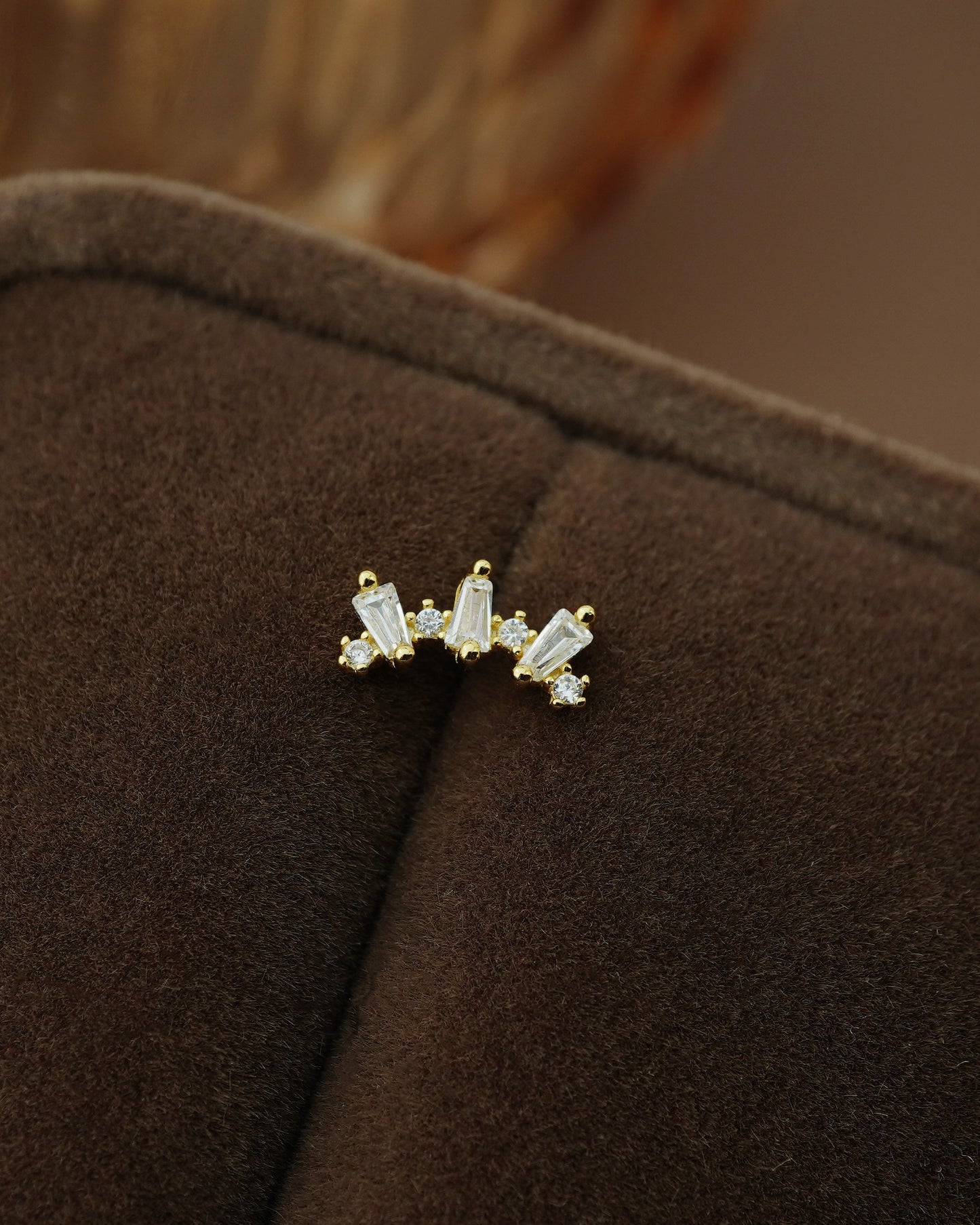 1 pc of Trapezoid CZ Crown Stud Earring with Flat Back, 18ct Gold Plated over Sterling Silver, 16G 6mm or 8mm Post