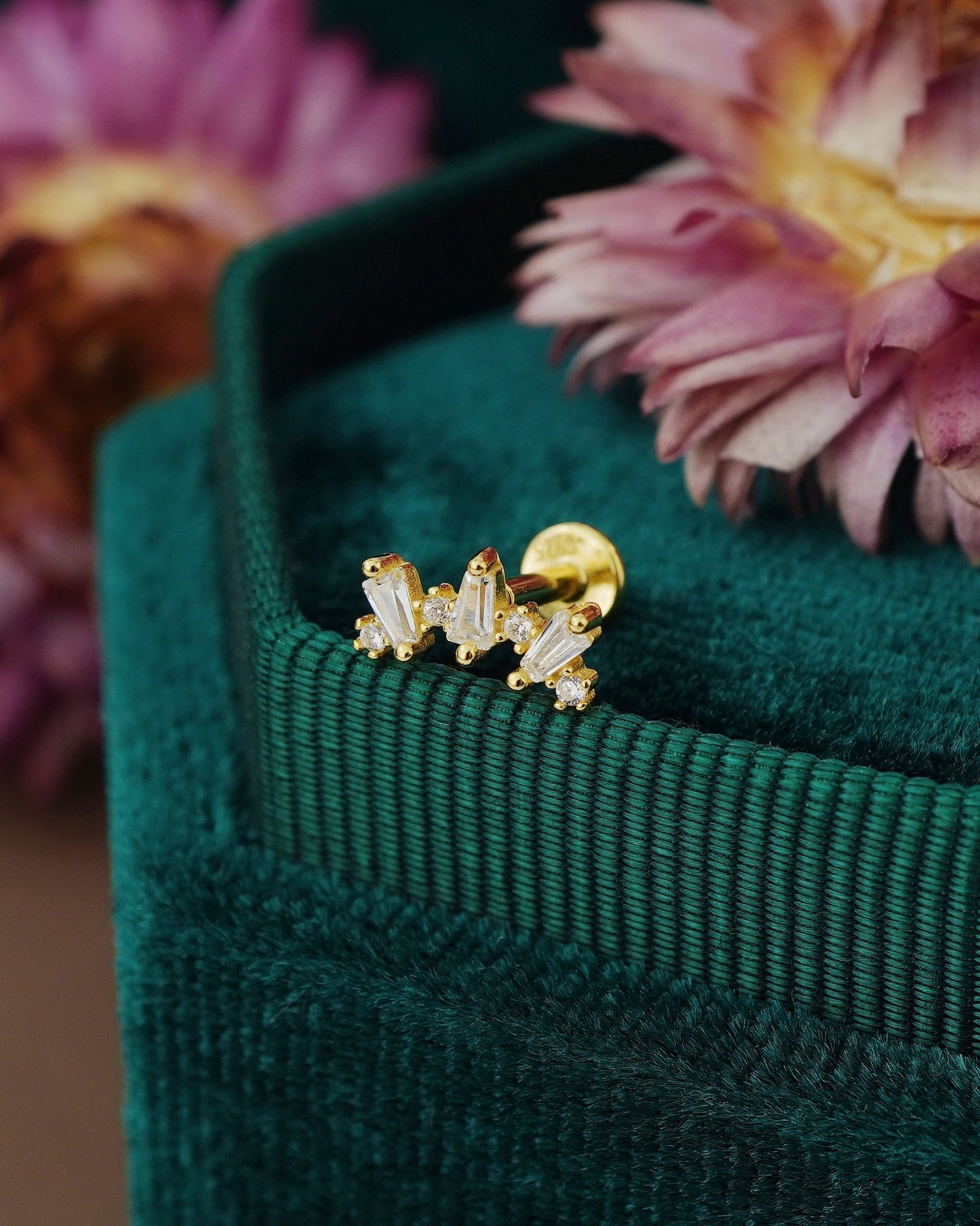 1 pc of Trapezoid CZ Crown Stud Earring with Flat Back, 18ct Gold Plated over Sterling Silver, 16G 6mm or 8mm Post