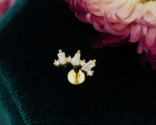 1 pc of Trapezoid CZ Crown Stud Earring with Flat Back, 18ct Gold Plated over Sterling Silver, 16G 6mm or 8mm Post