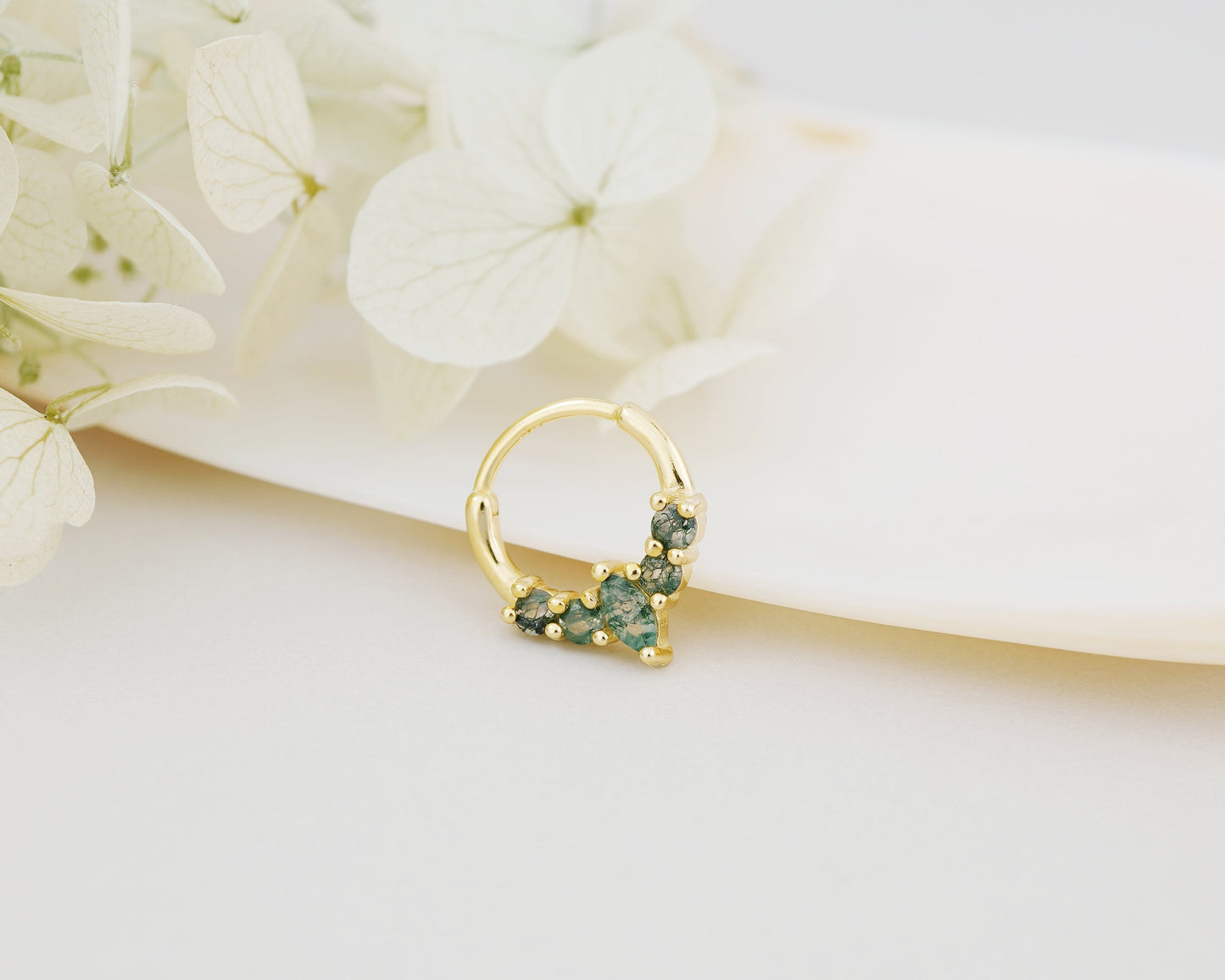 1 pc of 20G Hinged Natural Moss Agate Daith Earring Hoop in 18ct Gold Plated over Sterling Silver, Helix Cartilage Clicker