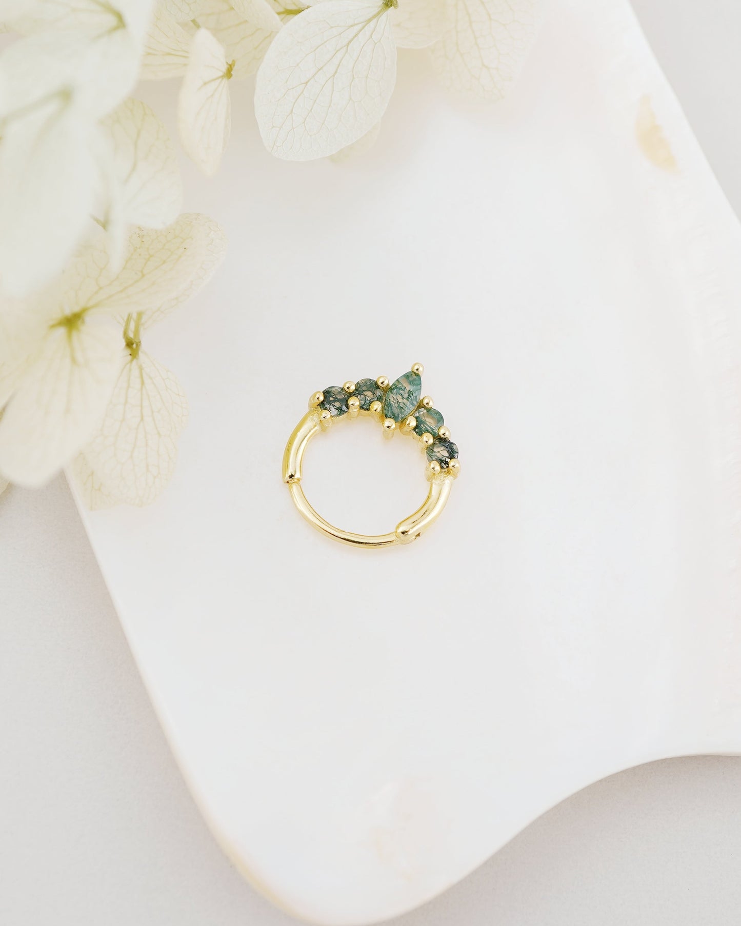 1 pc of 20G Hinged Natural Moss Agate Daith Earring Hoop in 18ct Gold Plated over Sterling Silver, Helix Cartilage Clicker
