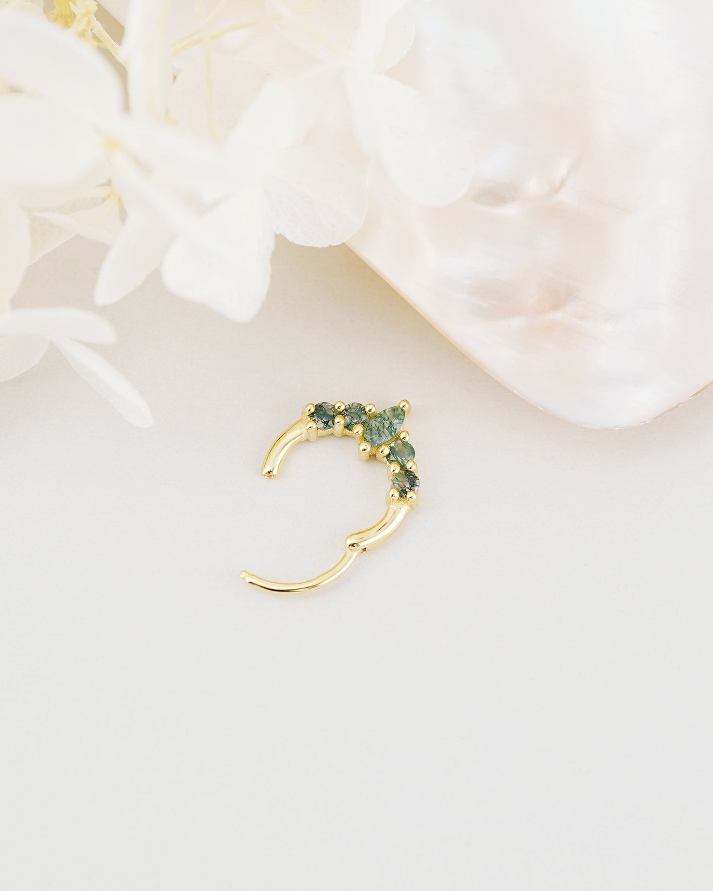 1 pc of 20G Hinged Natural Moss Agate Daith Earring Hoop in 18ct Gold Plated over Sterling Silver, Helix Cartilage Clicker