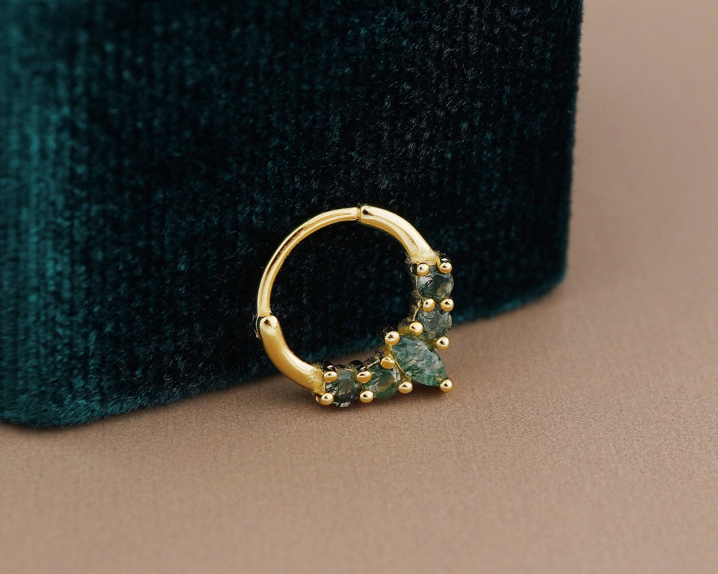 1 pc of 20G Hinged Natural Moss Agate Daith Earring Hoop in 18ct Gold Plated over Sterling Silver, Helix Cartilage Clicker