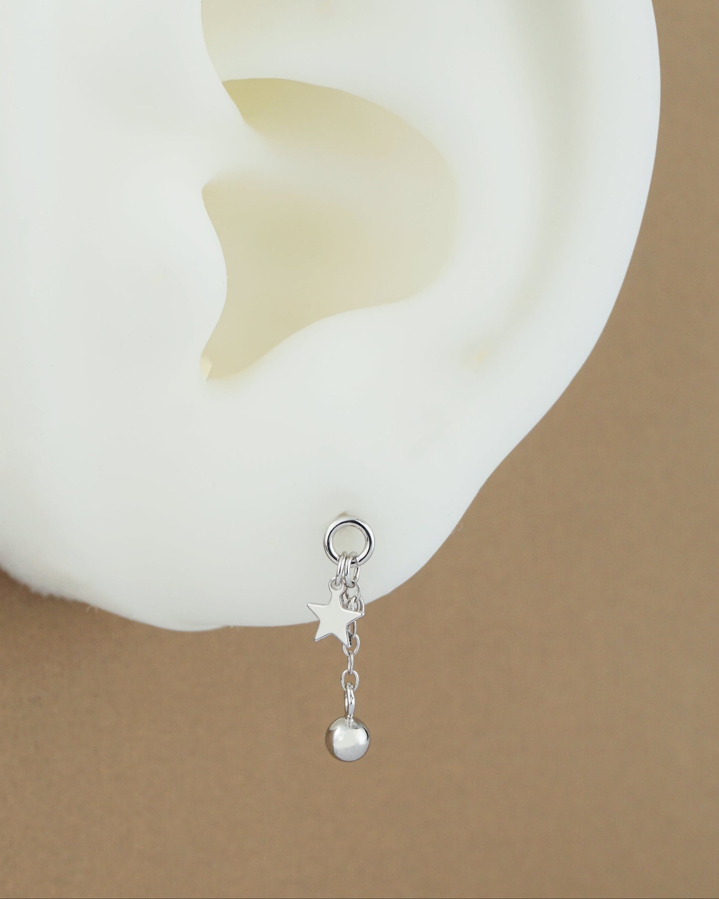 Pair of Mini Celestial Star Sterling Silver Stud Earrings in Rhodium or 14ct Gold Plated, Dangly Ball Charm on Cable Chain
