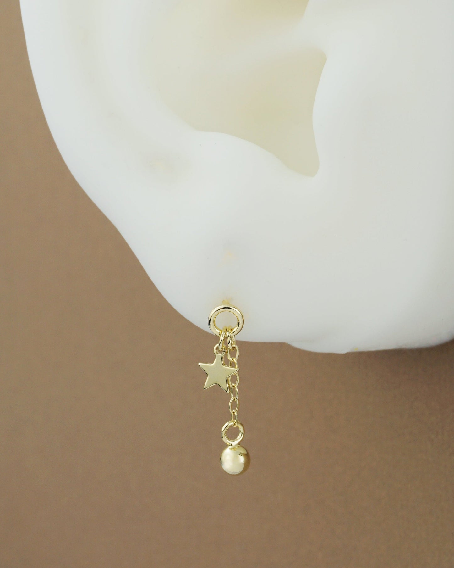 Pair of Mini Celestial Star Sterling Silver Stud Earrings in Rhodium or 14ct Gold Plated, Dangly Ball Charm on Cable Chain