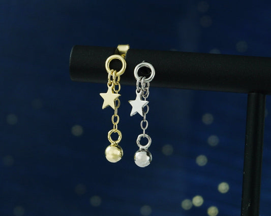 Pair of Mini Celestial Star Sterling Silver Stud Earrings in Rhodium or 14ct Gold Plated, Dangly Ball Charm on Cable Chain