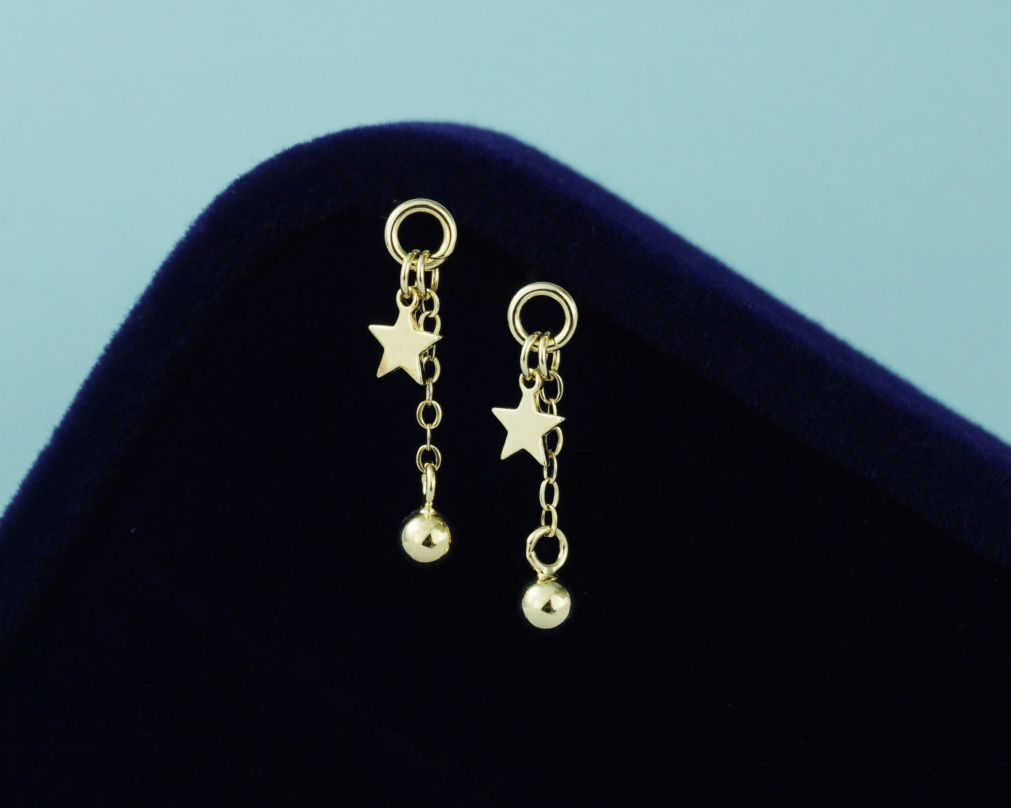 Pair of Mini Celestial Star Sterling Silver Stud Earrings in Rhodium or 14ct Gold Plated, Dangly Ball Charm on Cable Chain