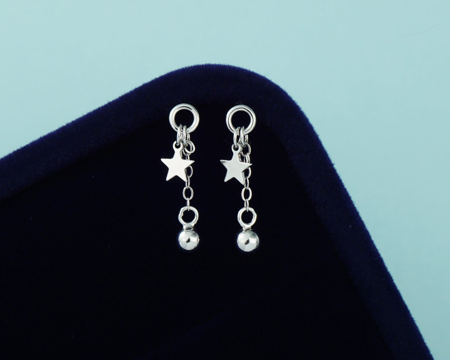 Pair of Mini Celestial Star Sterling Silver Stud Earrings in Rhodium or 14ct Gold Plated, Dangly Ball Charm on Cable Chain