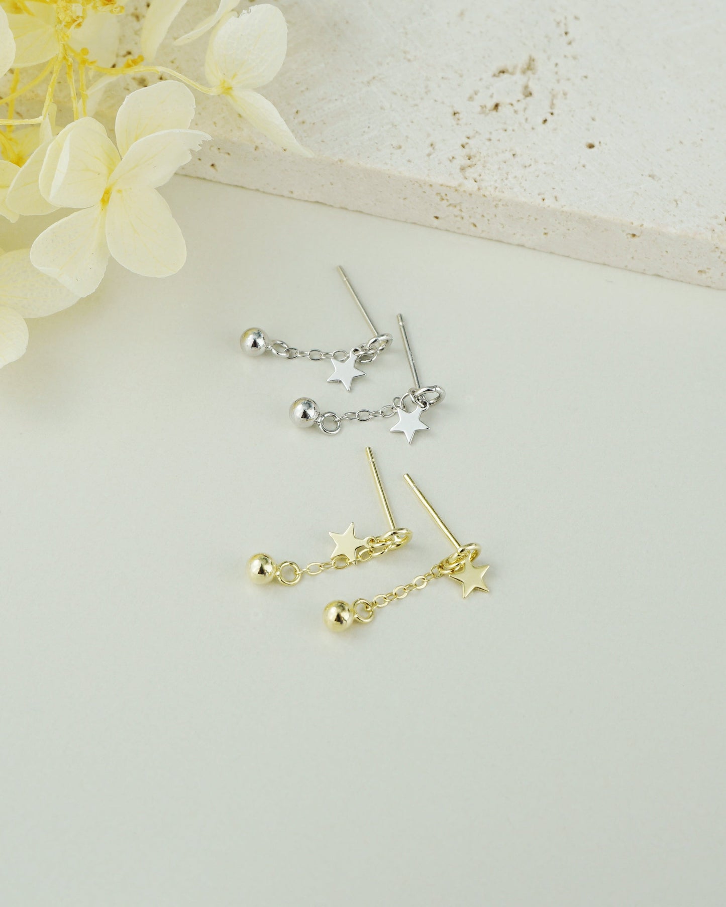 Pair of Mini Celestial Star Sterling Silver Stud Earrings in Rhodium or 14ct Gold Plated, Dangly Ball Charm on Cable Chain