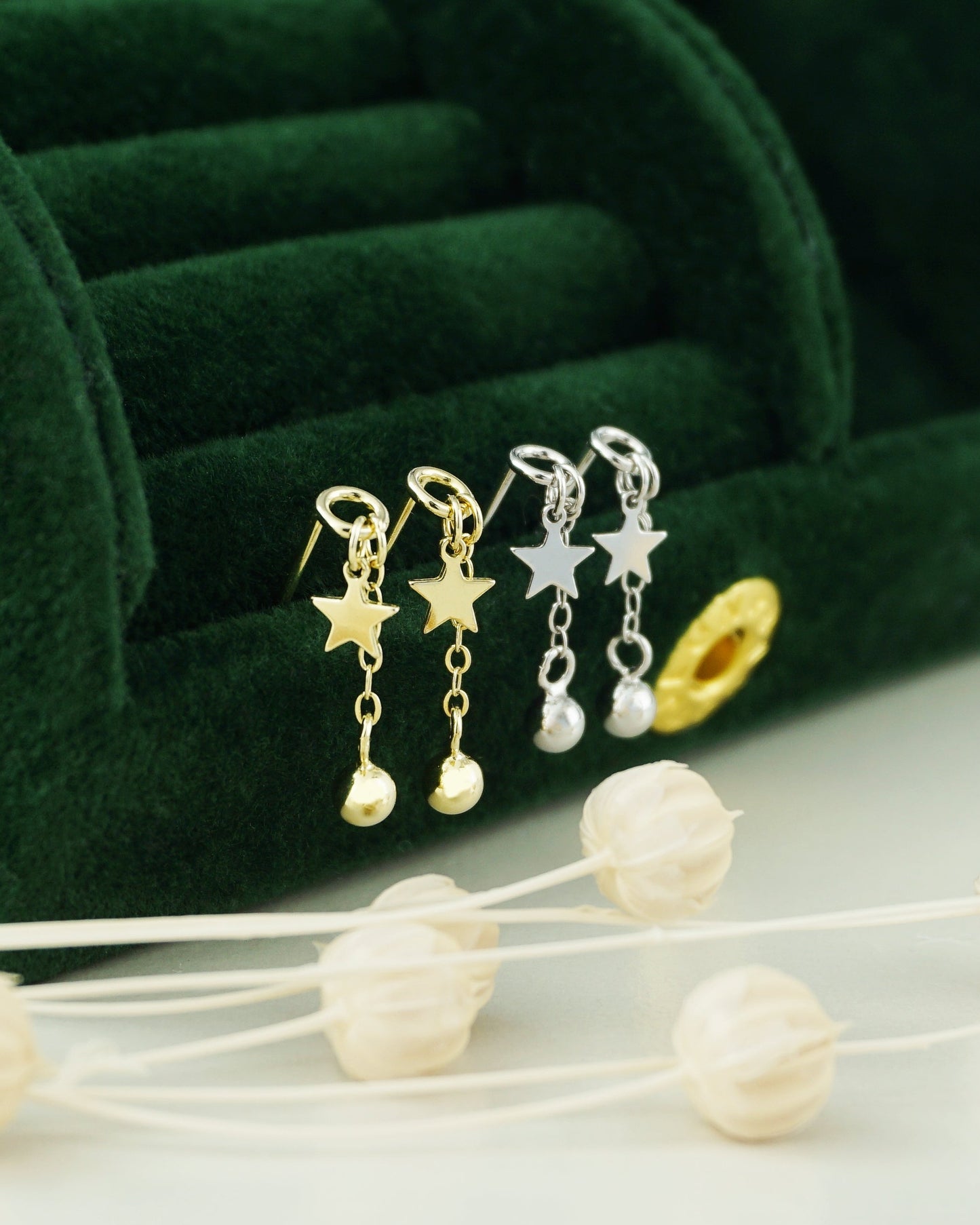Pair of Mini Celestial Star Sterling Silver Stud Earrings in Rhodium or 14ct Gold Plated, Dangly Ball Charm on Cable Chain