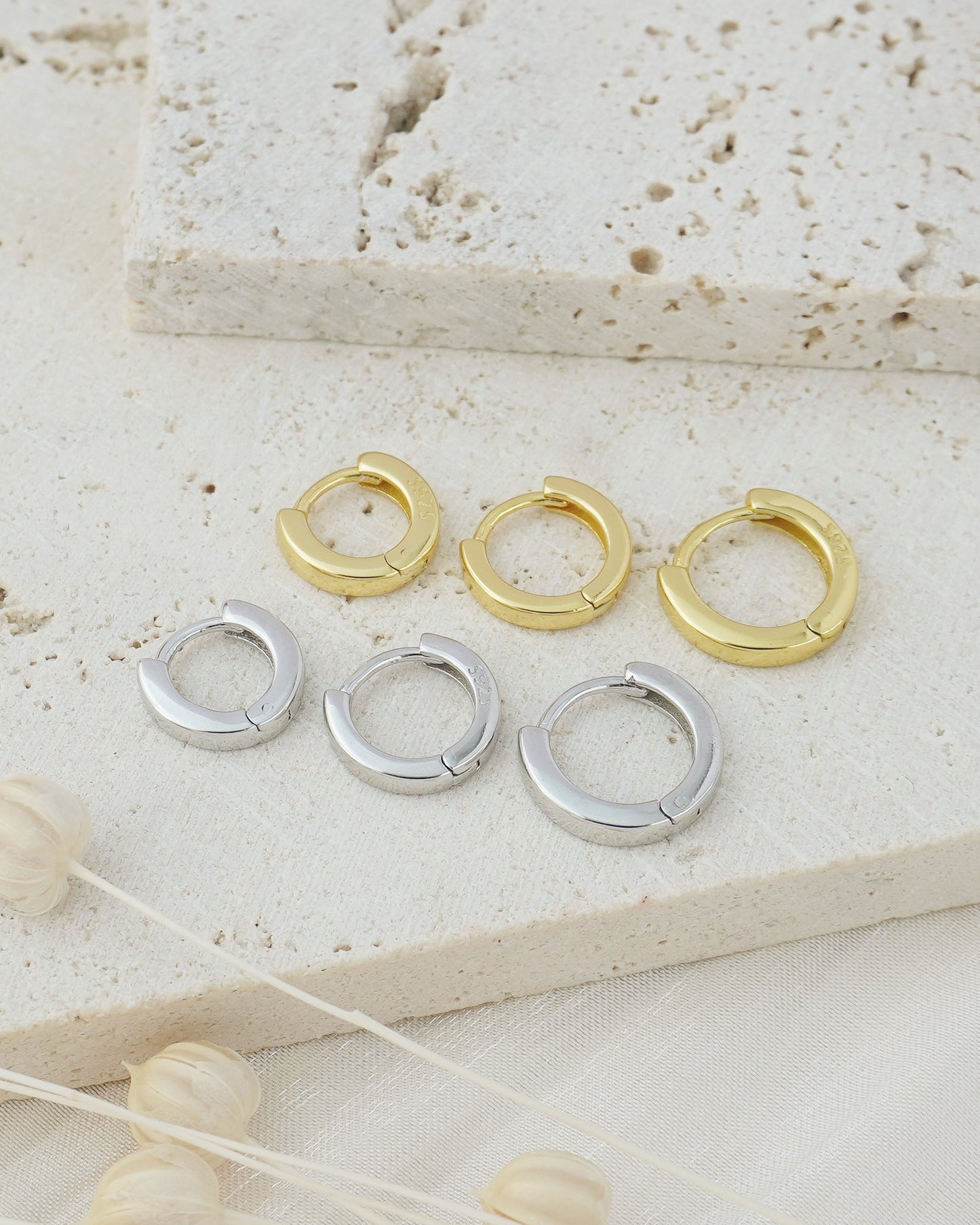 Pair of Square Edge Sterling Silver Huggie Hoop Earrings in Rhodium or 18ct Gold Plated, 3 Sizes