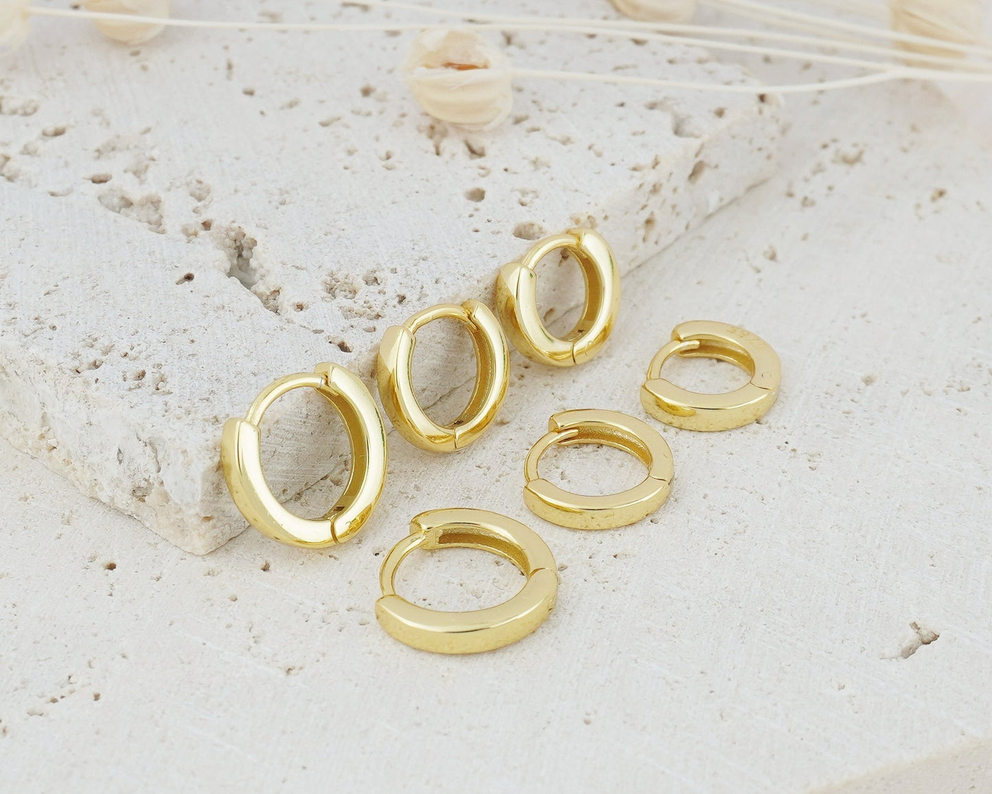 Pair of Square Edge Sterling Silver Huggie Hoop Earrings in Rhodium or 18ct Gold Plated, 3 Sizes