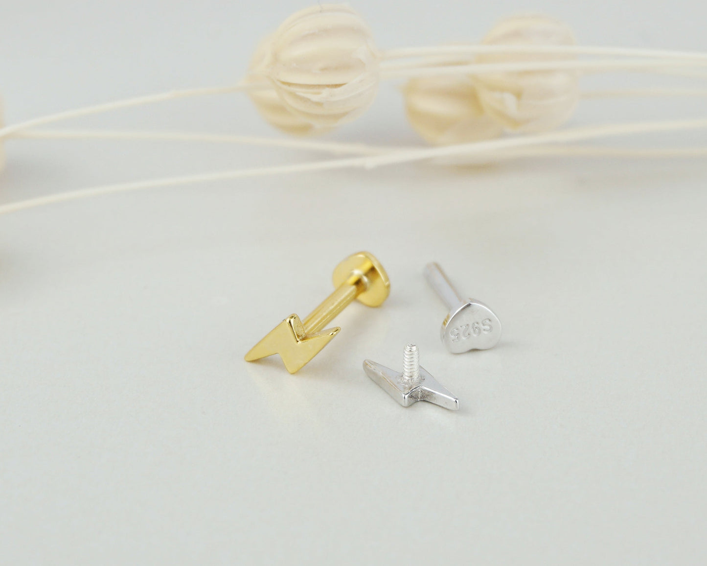 1 pc of Mini Lightning Sterling Silver Flat Screw Back Stud Earring in Rhodium or 18ct Gold Plated, Dainty Tragus Cartilage Piercing