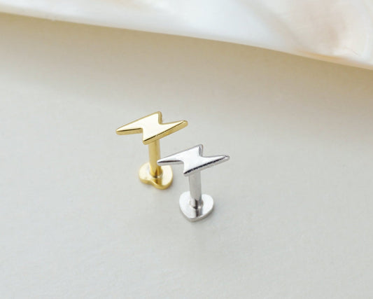 1 pc of Mini Lightning Sterling Silver Flat Screw Back Stud Earring in Rhodium or 18ct Gold Plated, Dainty Tragus Cartilage Piercing