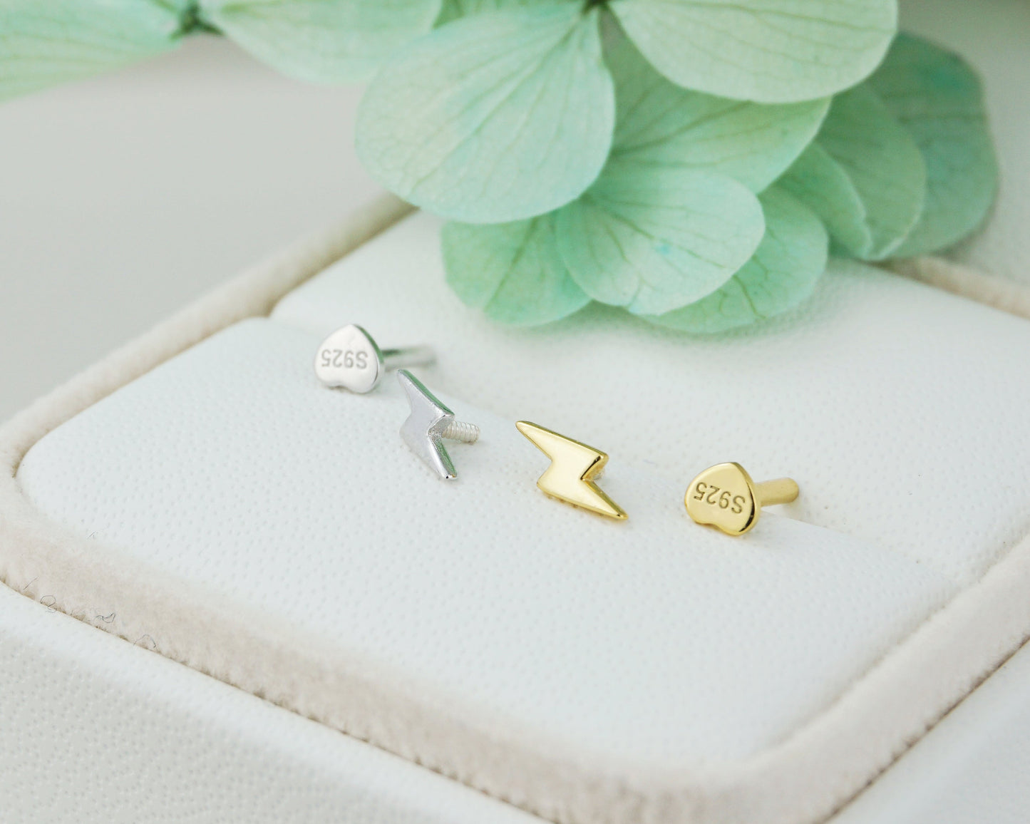 1 pc of Mini Lightning Sterling Silver Flat Screw Back Stud Earring in Rhodium or 18ct Gold Plated, Dainty Tragus Cartilage Piercing