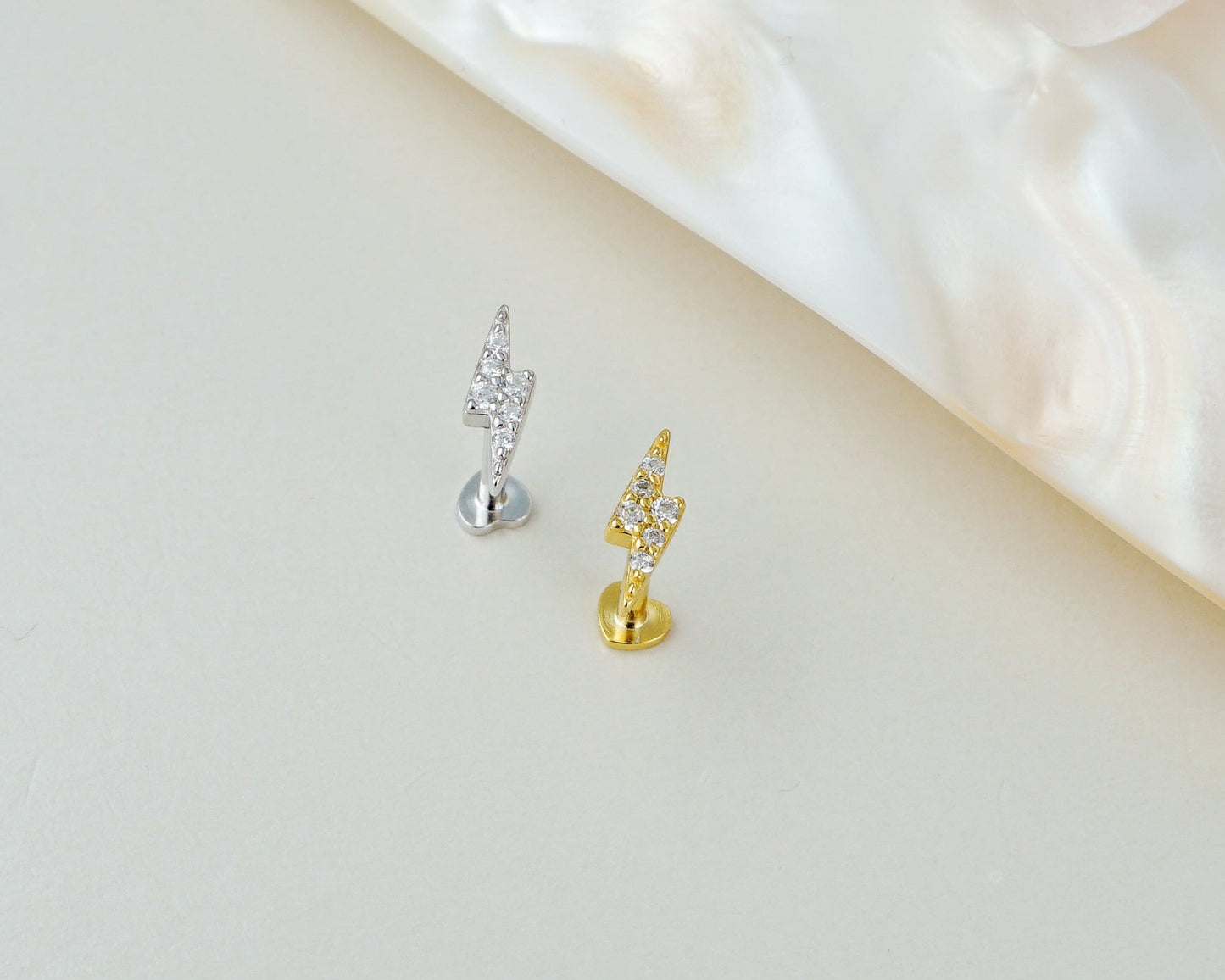 1 pc of Mini CZ Lightning Sterling Silver Flat Screw Back Stud Earring in Rhodium or 18ct Gold Plated, Dainty Tragus Cartilage Piercing
