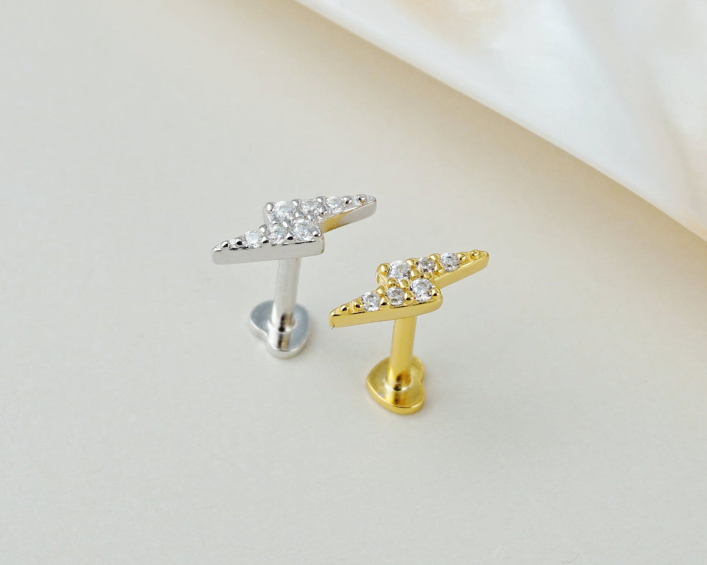1 pc of Mini CZ Lightning Sterling Silver Flat Screw Back Stud Earring in Rhodium or 18ct Gold Plated, Dainty Tragus Cartilage Piercing