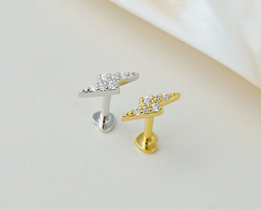 1 pc of Mini CZ Lightning Sterling Silver Flat Screw Back Stud Earring in Rhodium or 18ct Gold Plated, Dainty Tragus Cartilage Piercing