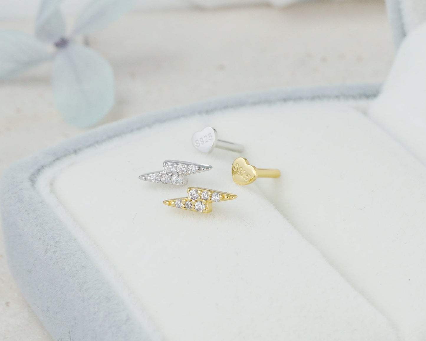 1 pc of Mini CZ Lightning Sterling Silver Flat Screw Back Stud Earring in Rhodium or 18ct Gold Plated, Dainty Tragus Cartilage Piercing