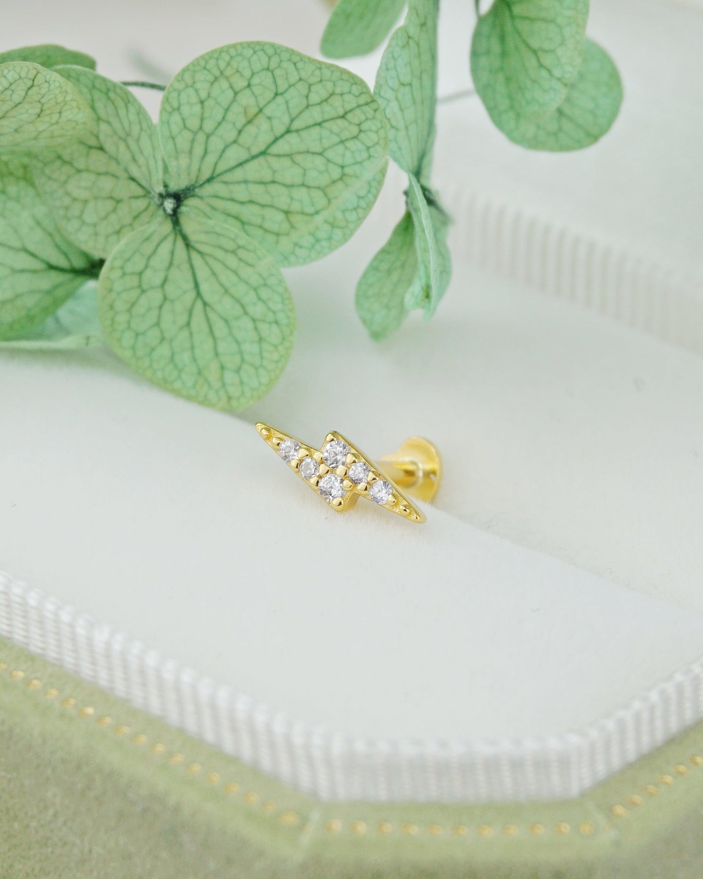 1 pc of Mini CZ Lightning Sterling Silver Flat Screw Back Stud Earring in Rhodium or 18ct Gold Plated, Dainty Tragus Cartilage Piercing