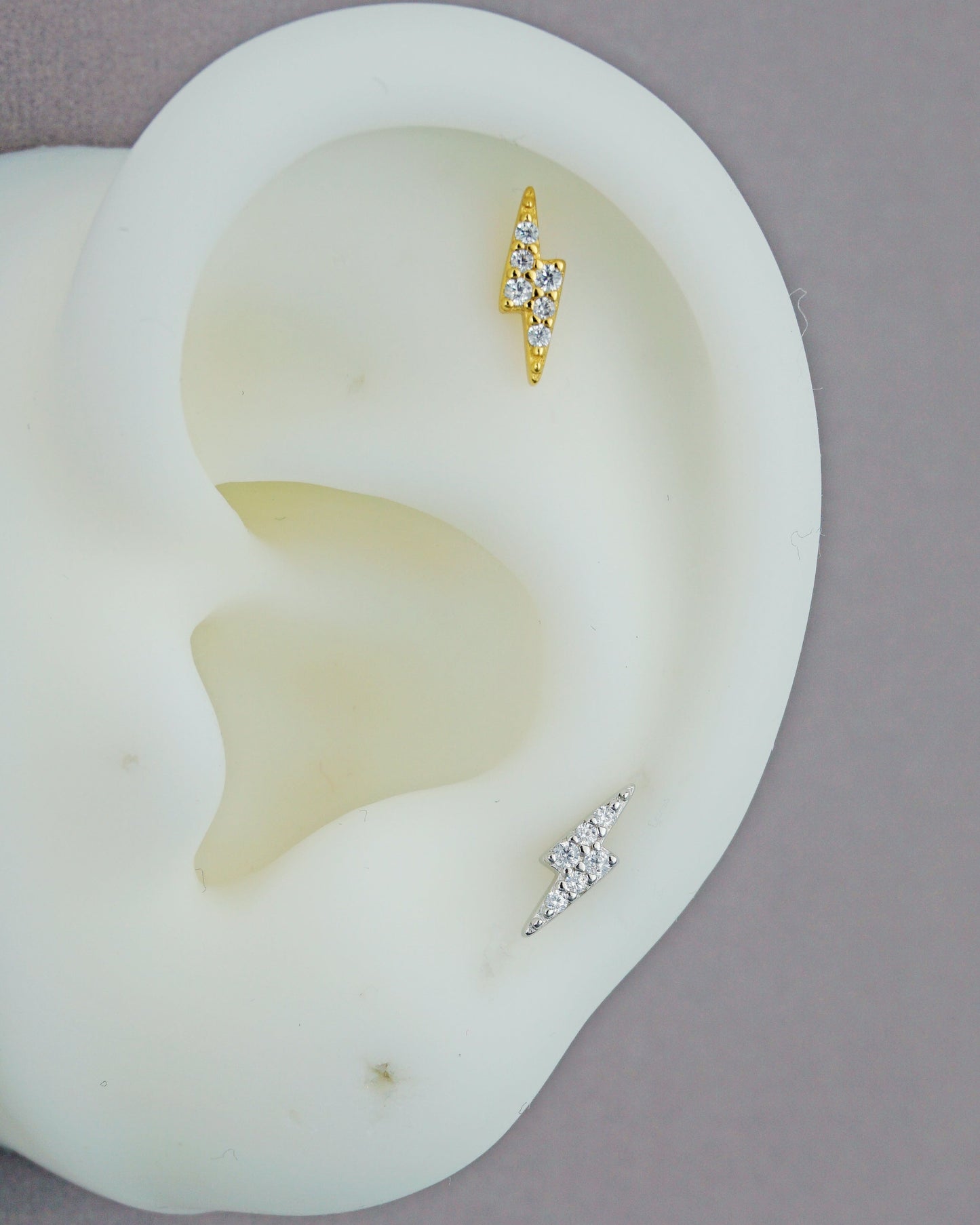 1 pc of Mini CZ Lightning Sterling Silver Flat Screw Back Stud Earring in Rhodium or 18ct Gold Plated, Dainty Tragus Cartilage Piercing
