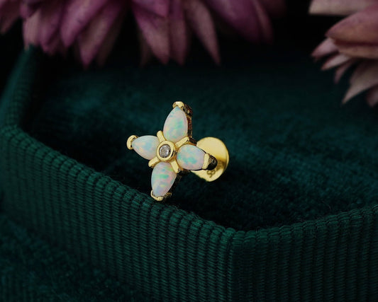 1 pc of Teardrop Fire Opal & CZ Flat Back Stud Earring in Gold Plated Sterling Silver, Delicate Stacking Cartilage Helix Lobe Piercing